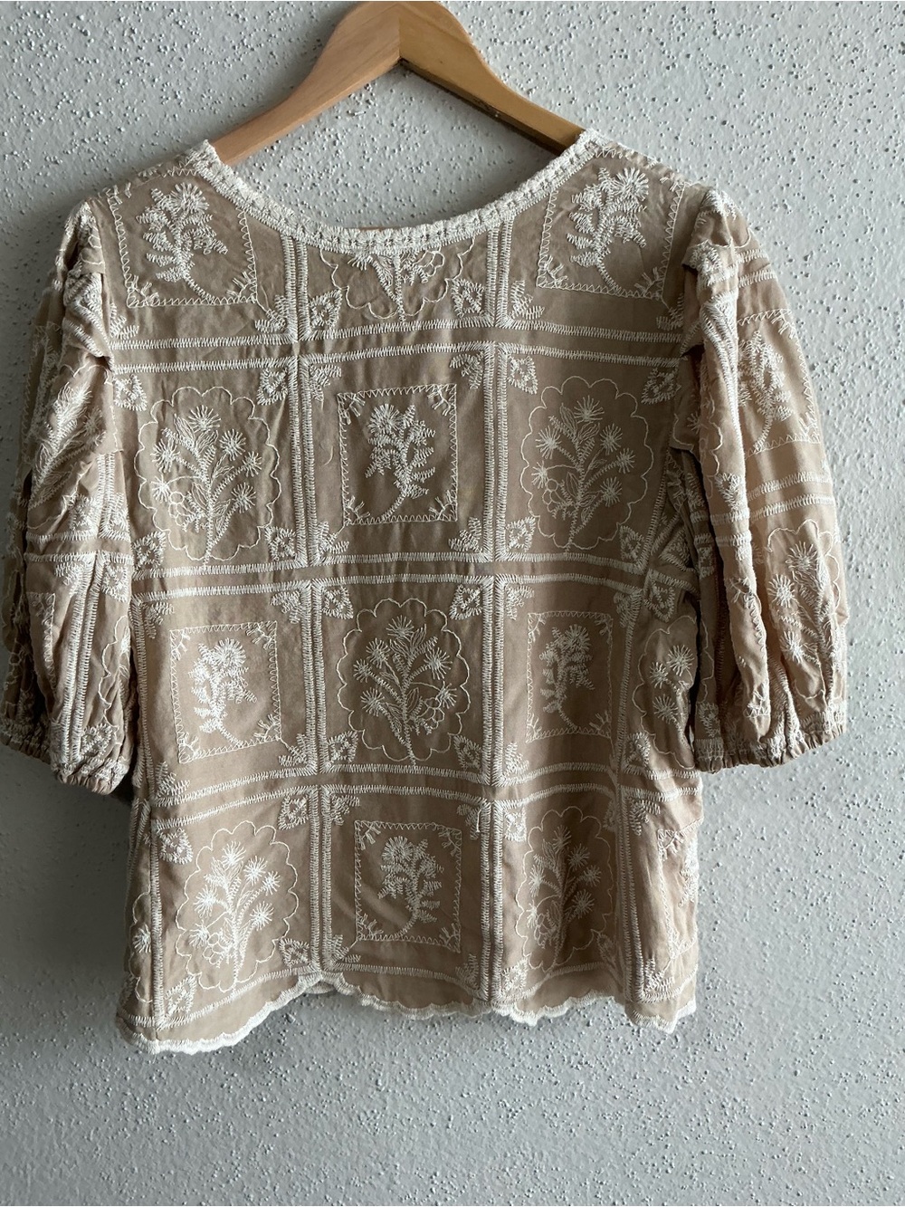 Solitaire Taupe Embroidered Scallop-Hem Puff Sleeve Blouse - Picture 4 of 7